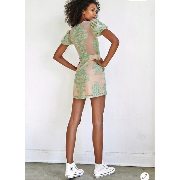 For Love And Lemons Green Floral Lace Mini Dress - -Temecula Puff Sleeve - Picture 2 of 9